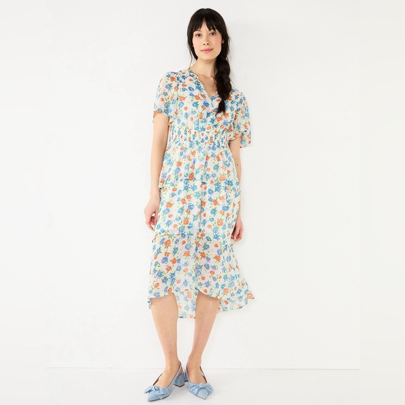 DRAPER JAMES RSVP Smocked-Waist Colorful Floral Tiered Maxi Dress Sz XS - Picture 1 of 5